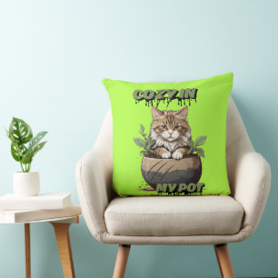 Neutral Hues Playful Cat in Pot Cushion