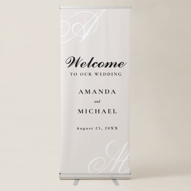 Neutral Ivory Beige Elegant Monogram Wedding Retractable Banner (Front)