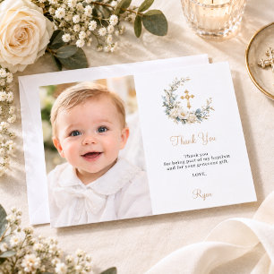 Neutral Ivory Botanical Baptism Photo Thank You Card