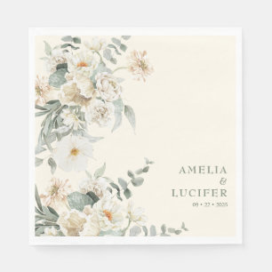 Neutral Ivory Floral Sage green Wedding Napkin