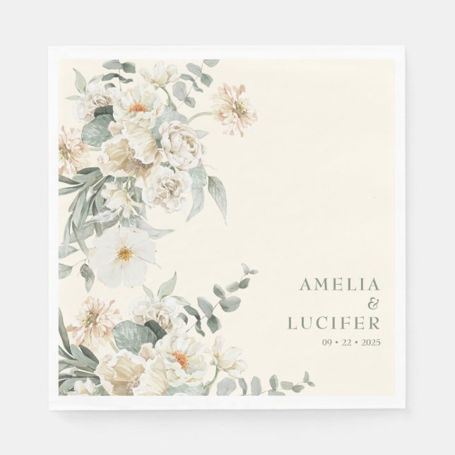Neutral Ivory Floral Sage green Wedding Napkin (Front)