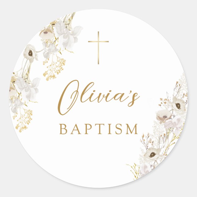 Neutral Ivory Gold Wildflower Baptism  Classic Round Sticker (Front)