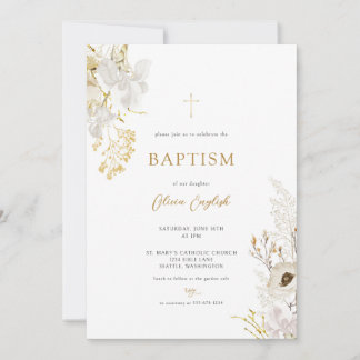 Neutral Ivory Gold Wildflower Baptism Invitation