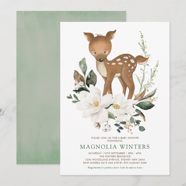 Neutral Ivory Greenery Forest Deer Baby Shower Invitation (Front/Back)