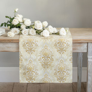 Neutral Ivory Table Runner Artistic Damask Pattern