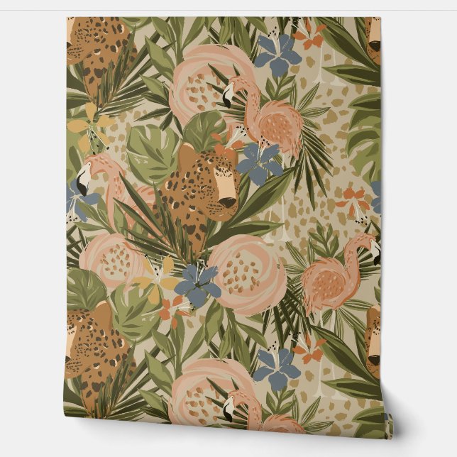 Neutral Jungle Cheetah and Flamingo Floral Wallpaper (Unrolling)