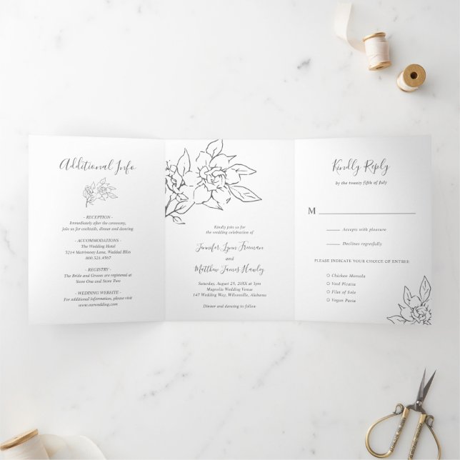 Neutral Line Art Floral Elegant Wedding Tri-Fold Invitation (Inside)
