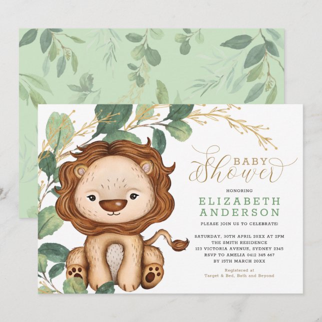 Neutral Lion Soft Greenery Gold Baby Shower Invitation (Front/Back)