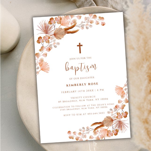 Neutral Little Wildflower Boho Cross Baptism Invitation (Neutral Little Wildflower Boho Cross Baptism Invitation)