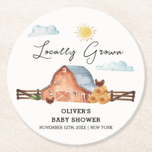 Neutral Locally Grown Farm Barn Baby Shower Round Paper Coaster