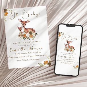 Neutral mama deer and baby deer baby shower invitation