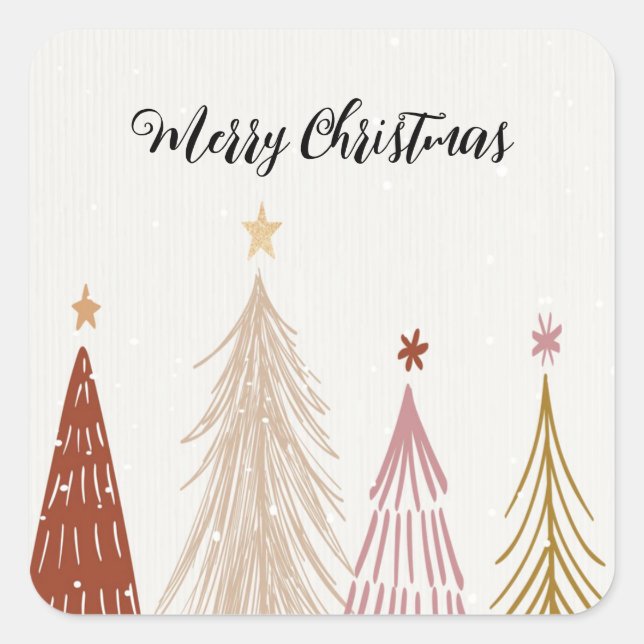  Neutral Merry Christmas Trees with Matching Stars Square Sticker (Front)