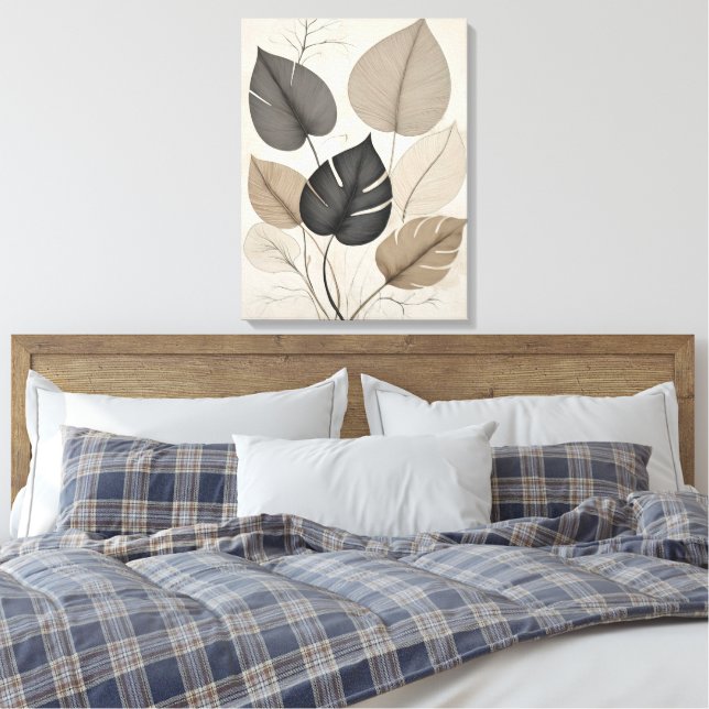 Neutral Minimal Leaf Modern Botanical Art Canvas Print (Insitu(Bedroom))