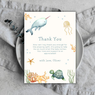 Neutral Minimal Under The Sea Whale Baby Shower  Thank You Card