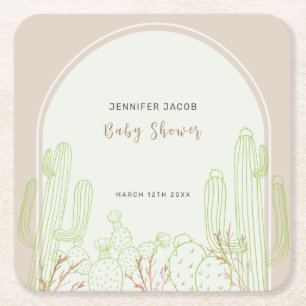 Neutral Minimalist Boho Cactus Arch Baby Shower Square Paper Coaster
