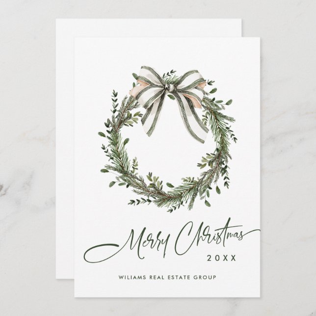 Neutral Minimalist Boho Christmas Wreath Corporate Holiday Card (Front/Back)