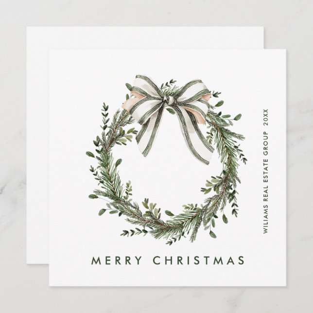Neutral Minimalist Boho Christmas Wreath Corporate Holiday Card (Front/Back)