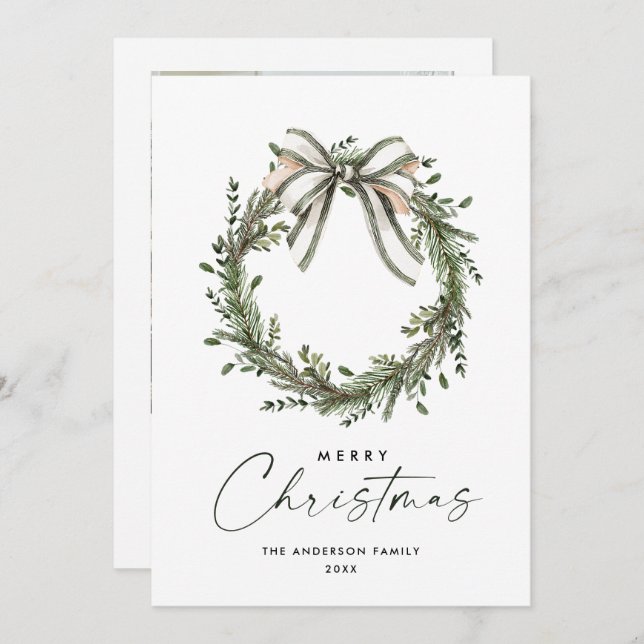 Neutral Minimalist Boho Christmas Wreath Photo Holiday Card (Front/Back)