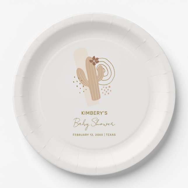 Neutral Minimalist Boho Desert Cactus Baby Shower Paper Plate (Front)