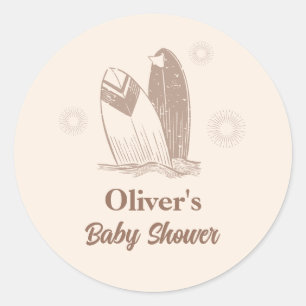 Neutral Minimalist Boho Surfboard Baby Shower Classic Round Sticker