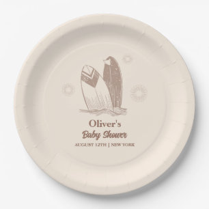 Neutral Minimalist Boho Surfboard Baby Shower Paper Plate