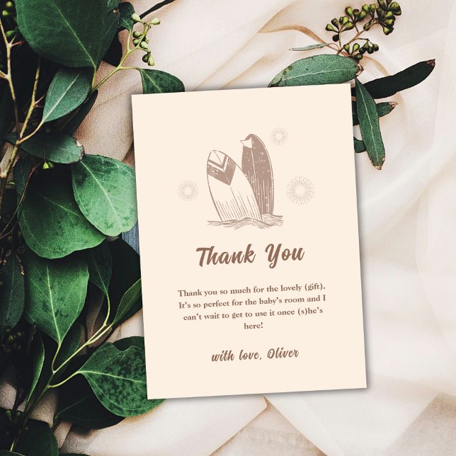 Neutral Minimalist Boho Surfboard Baby Shower  Thank You Card (Neutral Minimalist Boho Surfboard Baby Shower Thank You Card)