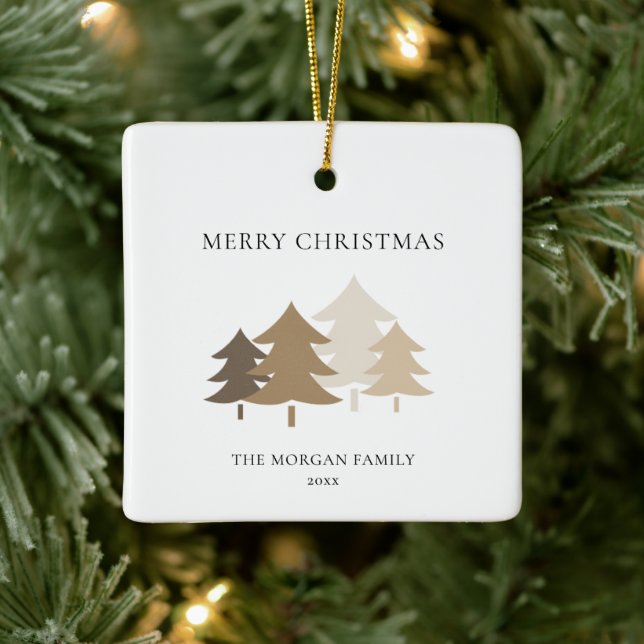 Neutral Minimalist Christmas Tree Family Name Ceramic Ornament (Tree)