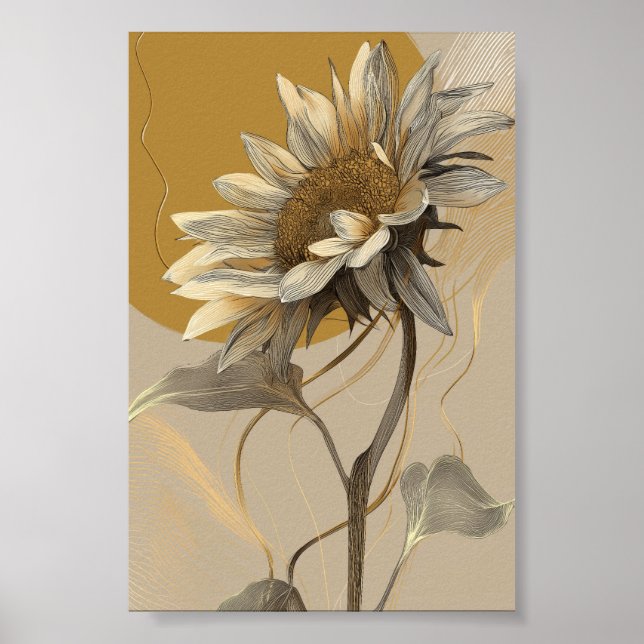 Neutral Minimalist Line Art Sunflower Poster (Front)