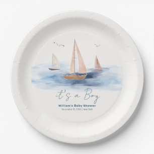 Neutral Minimalist Nautical Sailboat Baby Shower Paper Plate