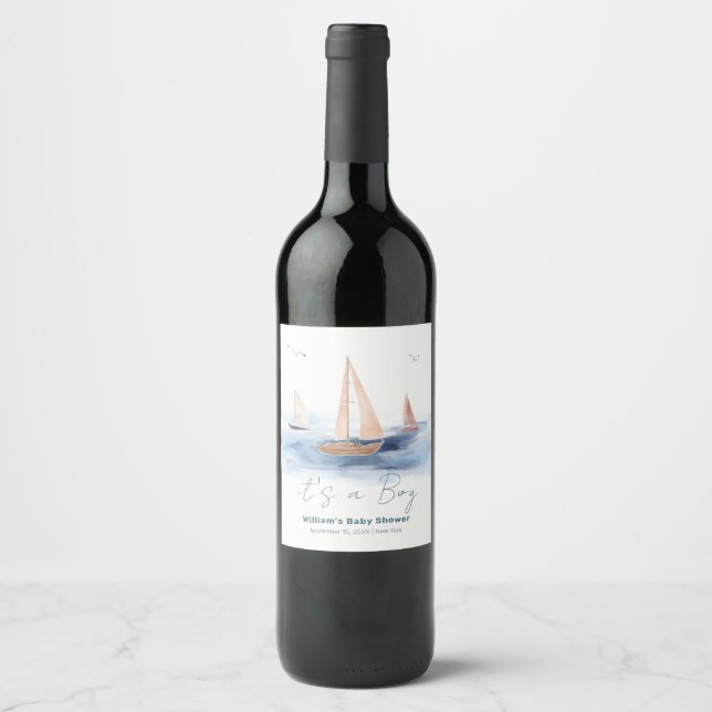 Neutral Minimalist Nautical Sailboat Baby Shower Wine Label (Front)