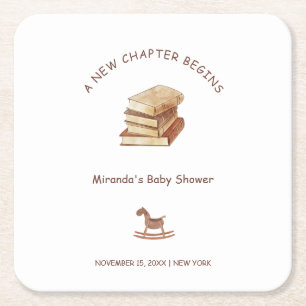 Neutral Minimalist New Chapter Book Baby Shower Square Paper Coaster