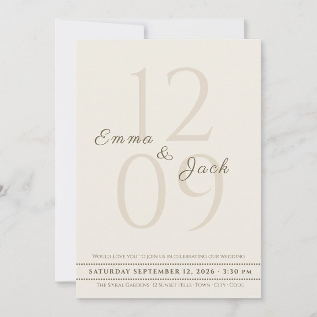 Neutral Minimalist Script Names & Big Date wedding Invitation (Front)