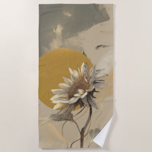 Neutral Minimalist Sunflower Outline Beach Towel