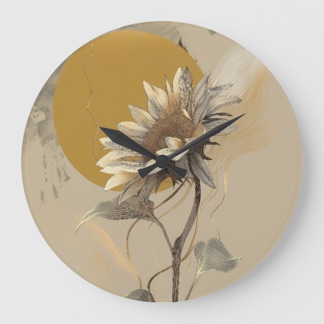 Neutral Minimalist Sunflower Outline Large Clock (Front)