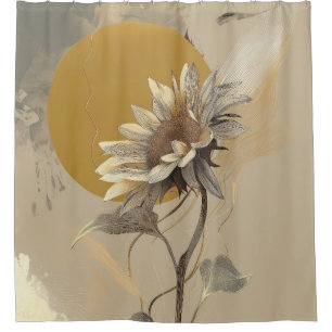 Neutral Minimalist Sunflower Outline Shower Curtain