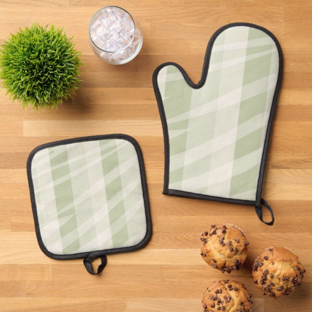 Neutral Mint Green Zebra Print Oven Mitt & Pot Holder Set (Top Down)