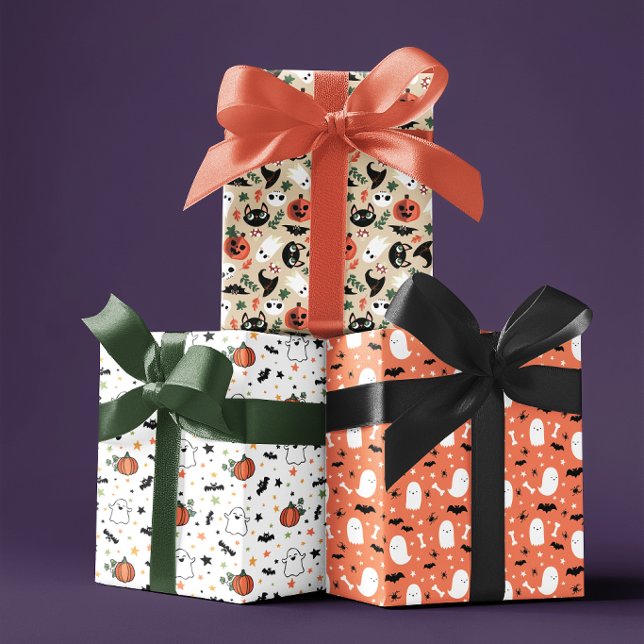 Neutral Mixed Halloween Patterns Ghost Pumpkins Wrapping Paper Sheet (Creator Uploaded)