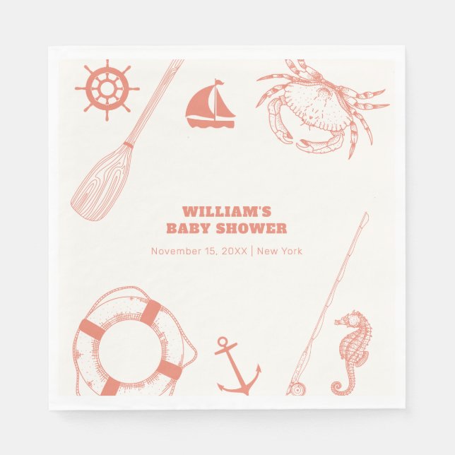 Neutral Modern Nautical Fishing Boy Baby Shower  Napkin (Front)