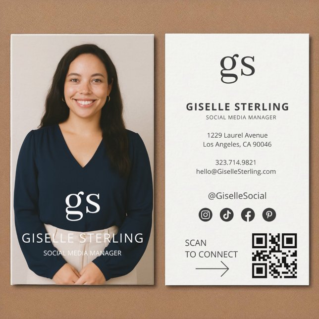 Neutral Monogram Photo Social Media QR Code Business Card (Creator Uploaded)