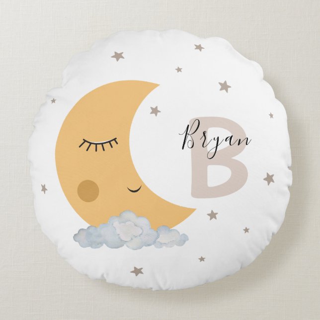 Neutral Moon Nursery Pillow with Custom Name Beige (Front)