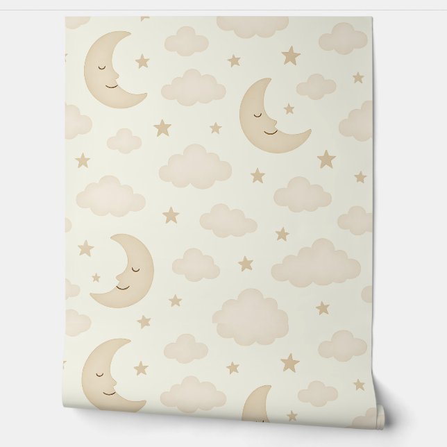 Neutral Moon & Stars Nursery Wallpaper Soft Beige  (Unrolling)