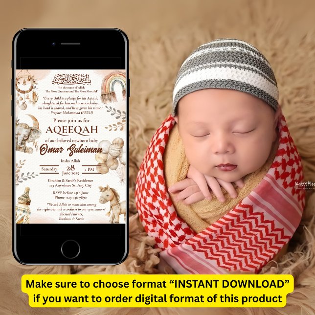 Neutral Newborn Baby Muslim Aqiqah Invitation (Creator Uploaded)