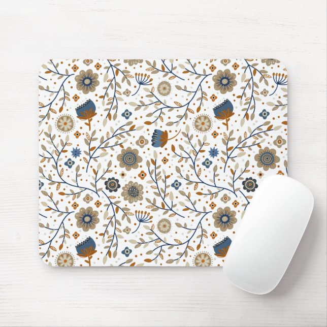 Neutral Nordic Floral Seamless Pattern Mouse Mat (With Mouse)