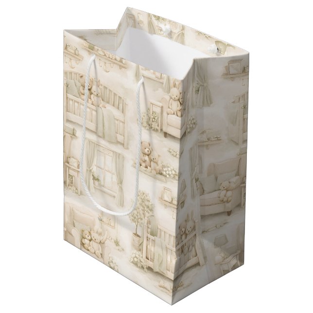 Neutral Nursery Teddy Bear Room Beige Pattern Medium Gift Bag (Front Angled)