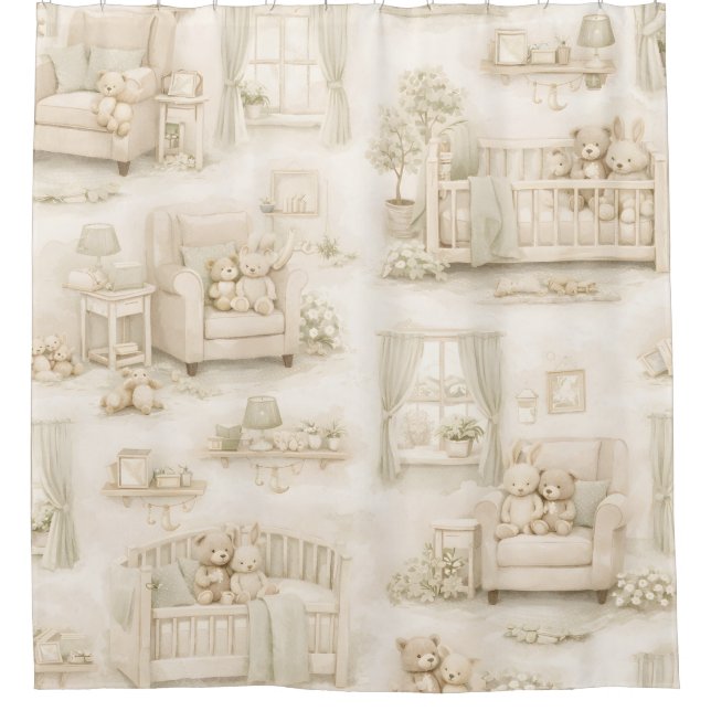 Neutral Nursery Teddy Bear Room Beige Pattern Shower Curtain (Front)
