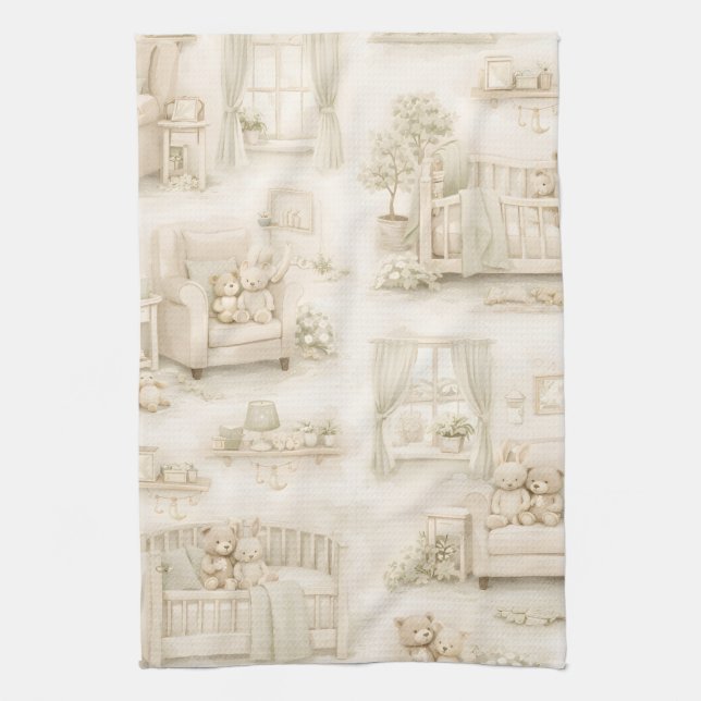 Neutral Nursery Teddy Bear Room Beige Pattern Tea Towel (Vertical)