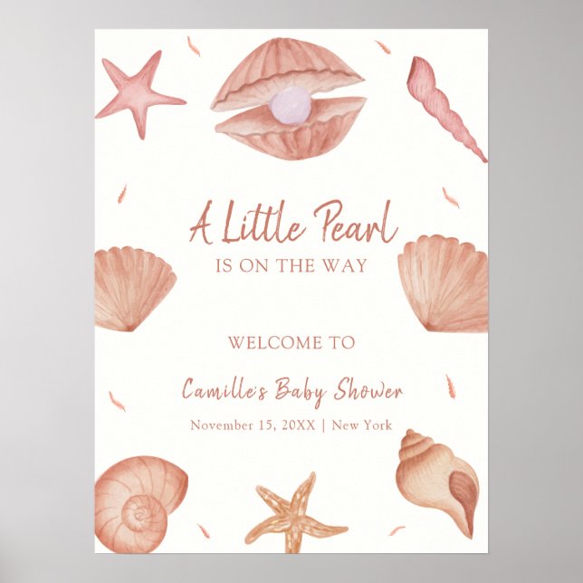 Neutral Ocean Seashell Pearl Baby Shower Welcome Poster (Front)
