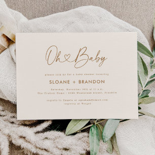 Neutral Oh Baby Heart Calligraphy Baby Shower Invitation