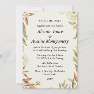 Neutral Olive Branch & Ranunculus Botanical Invitation