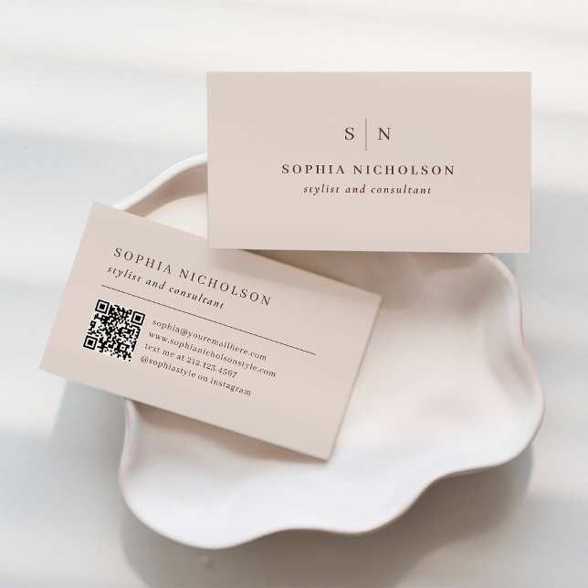 Neutral Pale Pink and Brown | Monogram and QR Code Business Card (Creator Uploaded)